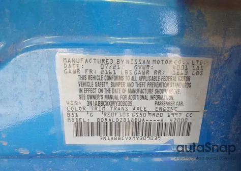 2021 Nissan Sentra Sv Xtronic Cvt from USA, damaged, VIN 3N1AB8CVXMY309039